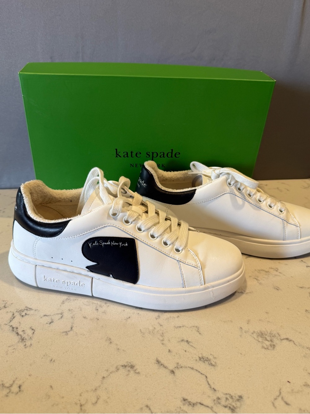 kate spade White Leather Sneakers with Black Heart Accent
